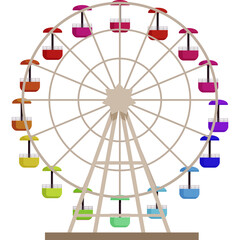 Colorful Ferris Wheel Amusement Ride With Multiple Gondolas On A Transparent Background With A Neutral Base And Spokes