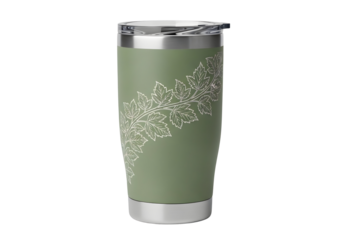 Sage green insulated tumbler with etched mountain design isolated on transparent background