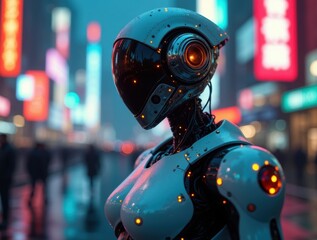 Fototapeta premium Futuristic cyborg exploring vibrant city streets at night, reflecting on artificial intelligence and the future of technology in a modern world