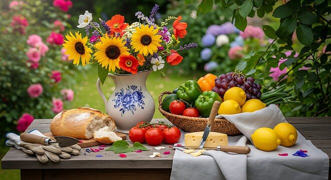 Abundant Garden Harvest - A Still Life of Flowers, Fruits, and Vegetables.