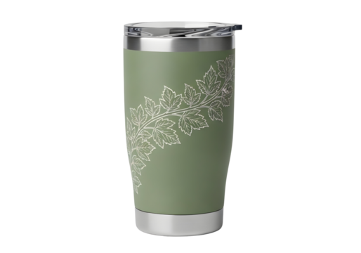 Sage green insulated tumbler with etched mountain design isolated on transparent background