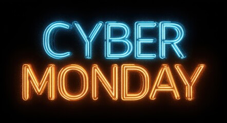 Fototapeta premium Cyber Monday Glitter. Bold Glowing Text Effect in Blue and Orange Colors