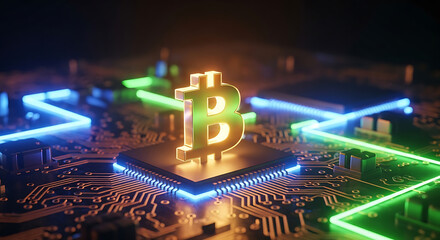 Glowing Bitcoin symbol on microchip digital finance technology
