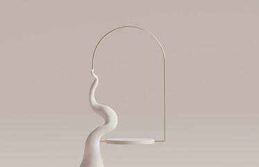 3D podium display levitating on pastel pink background. Cosmetic beauty product promotion pedestal with gold. Frame showcase. Abstract minimal studio 3D render mockup.	