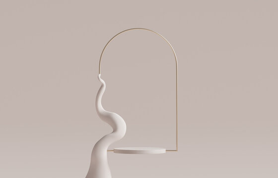 3D podium display levitating on pastel pink background. Cosmetic beauty product promotion pedestal with gold. Frame showcase. Abstract minimal studio 3D render mockup.	
