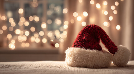 Cozy Christmas Decor with Santa Hat on Soft Blanket Background