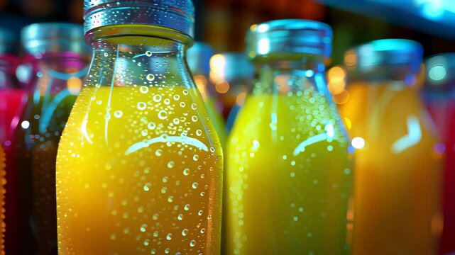 A row of bottles of juice with a clear plastic top. The bottles are of different colors and are lined up on a shelf