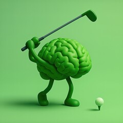 Green Brain Character Swinging Golf Club with White Ball on Bright Green Background