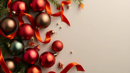 Elegant champagne gold and natural beige Christmas ornaments on soft linen background