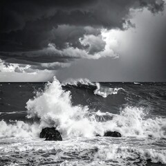 dramatic black and white seascape with stormy waves crashing on rocks powerful ocean photography concept of nature strength