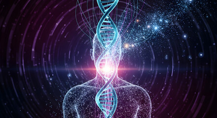 Enlightened human consciousness connected to the universal cosmos through a glowing DNA helix, symbolizing spiritual science and genetic evolution in a vibrant abstract visualization