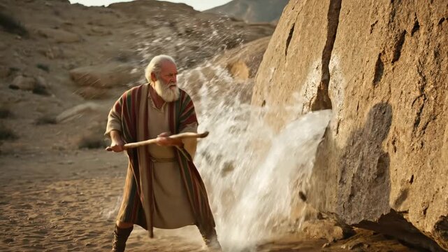 Prophet Moses creating water from a rock in a biblical desert landscape, a religious story for christianity educational video, footage.