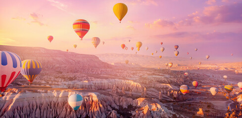 Aerial view landscape with hot air balloons in park Cappadocia, Turkey  banner travel