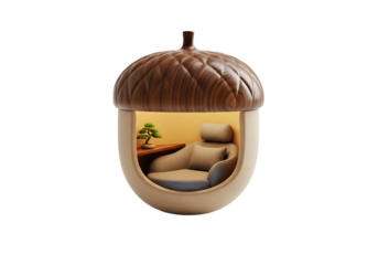 Unique acorn shaped mirror reflecting a cozy bedroom interior isolated on transparent background