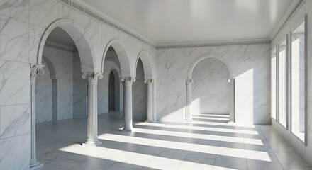 Fototapeta premium Elegant White Hallway with Arches and Sunlight.