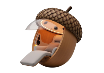 Unique acorn shaped mirror reflecting a cozy bedroom interior isolated on transparent background