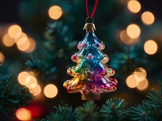 Colorful glass christmas tree ornament hanging on festive branch