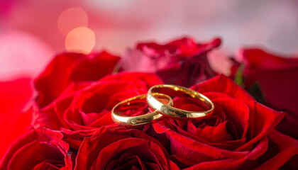 deux alliances en or posées sur un bouquet de roses rouges