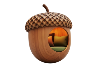 Unique acorn shaped mirror reflecting a cozy bedroom interior isolated on transparent background