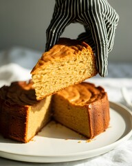  Delicious Freshly Baked Round Cake or Sponge Cake with a Slice Being Lifted by a Hand in a Striped Glove, Featuring a Golden Brown Crust and Soft Texture on a White Plate with Sunlight and Shadows