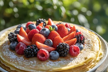 Homemade Stack of Crepes or Pancakes Topped High with Abundant Fresh Mixed Berries, including Strawberries, Blueberries, Blackberries, and Raspberries, Dusted with Sugar, Perfect Breakfast Dessert