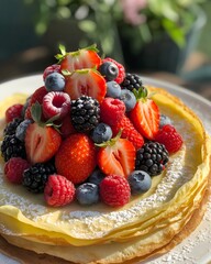 Homemade Stack of Crepes or Pancakes Topped High with Abundant Fresh Mixed Berries, including Strawberries, Blueberries, Blackberries, and Raspberries, Dusted with Sugar, Perfect Breakfast Dessert