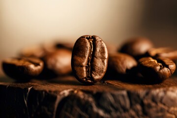 Close-up Macro of Single Roasted Dark Coffee Bean Centered on a Black Background with Selective Focus and Warm Lighting, Surrounded by Out-of-Focus Beans for Caffeine, Morning, or Energy Concepts