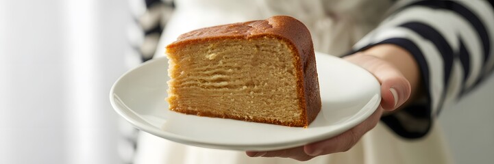  Woman's Hand Serving a Slice of Traditional Indonesian Lapis Legit or Layer Cake on a White Plate, Displaying the Rich Golden Color and Dense Texture of the Baked Dessert for Food and Bakery Concepts
