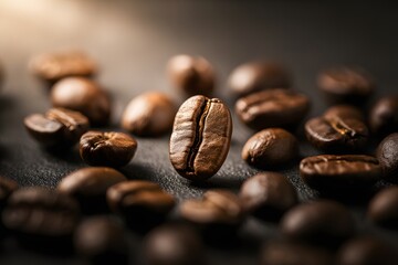  Close-up Macro of Single Roasted Dark Coffee Bean Centered on a Black Background with Selective Focus and Warm Lighting, Surrounded by Out-of-Focus Beans for Caffeine, Morning, or Energy Concepts