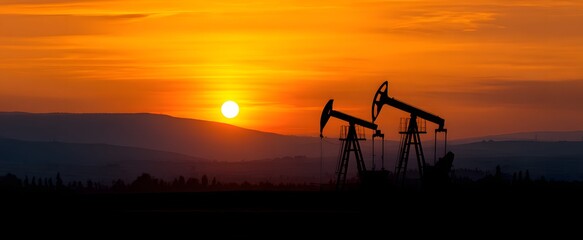 The oil pumpjacks stand silhouetted against a vibrant golden sunset over vast industrial terrain