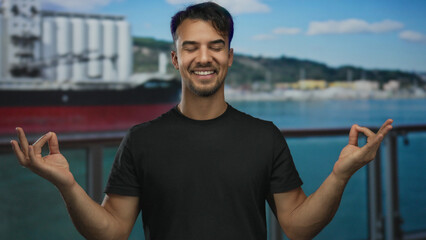 Young hispanic man meditating outdoors by the seaside promenade with a serene expression and blurred background of sea and structures on a sunny day
