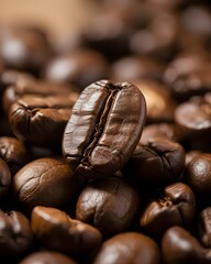 CloseUp Macro of Single Roasted Arabica Robusta Coffee Bean Standing Out Among a Pile of Dark Brown Beans, Illuminated by a Warm Spot of Light, Highlighting Texture for Cafe, Energy, Morning Concepts