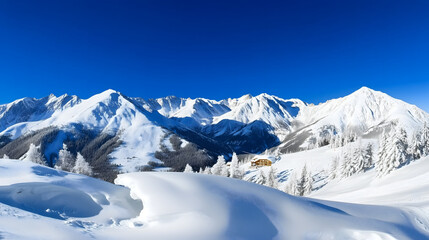 Obraz premium Frozen ridges and snowy trees cover the slopes beneath tall peaks, a vast clean panorama glows in daylight with sharp detail and deep blue sky.