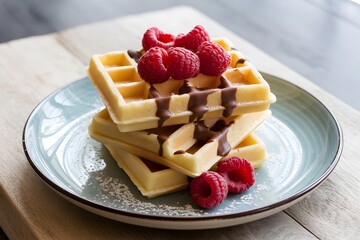 Golden Belgian Waffles Stacked with Chocolate Drizzle, Fresh Raspberries, and Powdered Sugar on a Plate, Garnished with Cranberries and Lemon Halves on Rustic Wooden Background for Breakfast, Dessert