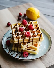 Stack of Three Freshly Baked Belgian Waffles Drizzled with Chocolate Syrup, Topped with Bright Red Raspberries, Dusting of Powdered Sugar, alongside a Whole Yellow Lemon on a Rustic Wooden Background