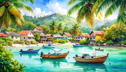 Tropical fishing village with colorful boats representing sustainable island life, cultural tourism, or eco-retreat themes