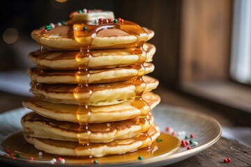  Delicious Stack of Fluffy Pancakes Drenched in Golden Maple Syrup with Festive Red and Green Sprinkles, Isolated on a White Background for Breakfast, Brunch, or Holiday Food Concepts