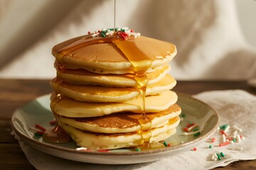  Delicious Stack of Fluffy Pancakes Drenched in Golden Maple Syrup with Festive Red and Green Sprinkles, Isolated on a White Background for Breakfast, Brunch, or Holiday Food Concepts