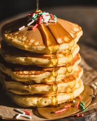  Delicious Stack of Fluffy Pancakes Drenched in Golden Maple Syrup with Festive Red and Green Sprinkles, Isolated on a White Background for Breakfast, Brunch, or Holiday Food Concepts