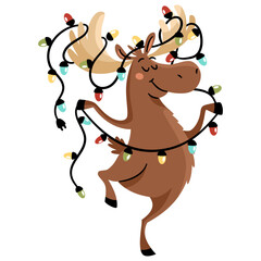 A cute moose dances and holds a New Year's garland of lights that has wound itself around its antlers. Flat vector illustration. . Vector illustration