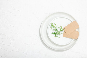 Minimalist table setting. Elegant cutlery, traditional zero waste props. Festive empty dishes
