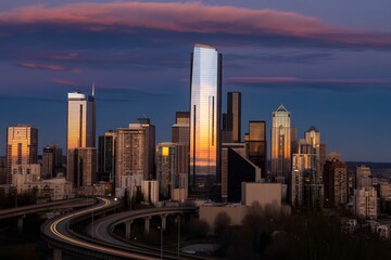  Seattle Downtown Skyline Cityscape at Sunset with Freeway Overpass and Illuminated Skyscraper Reflections, sunset over the city