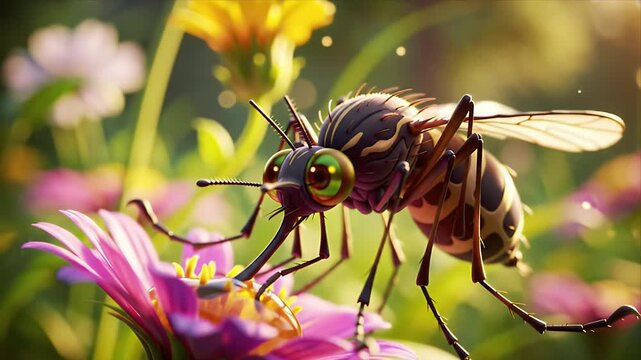 Vibrant macro close up of a stylized mosquito with bright green eyes on a pink flower Animated insect feeding in a sunny colorful garden scene