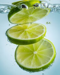 Refreshing Close-Up of Translucent Lime Slices in Carbonated Water with Bubbles, lime slices background