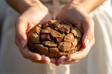 Pair of Hands Gently Holding a Large Dark Chocolate Sea Salt Cookie, hands holding cookies