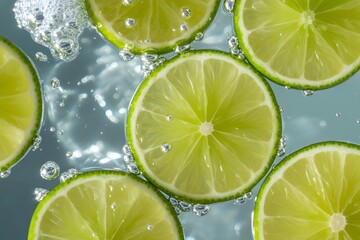 Refreshing Close-Up of Translucent Lime Slices in Carbonated Water with Bubbles, lime slices background