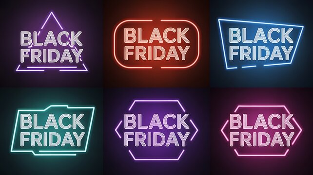 Collection of six neon signs with the text black friday in various geometric shapes and vibrant colors, set against a dark background, perfect for holiday sales promotions