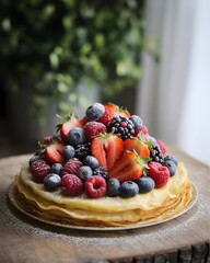  Gourmet Crepe Cake Stack Topped with Fresh Mixed Berries, Powdered Sugar, and Greenery Background, cake with berries