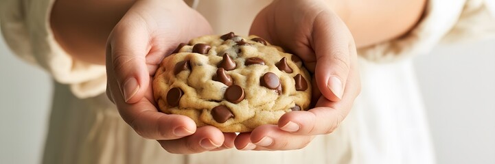 Pair of Hands Offering or Holding a Freshly Baked Large Chocolate Chip Cookie, hands holding cookies