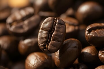 Extreme Close-up Macro Shot of Freshly Roasted Dark Coffee Beans with Selective Focus and Warm Lighting, roasted coffee beans